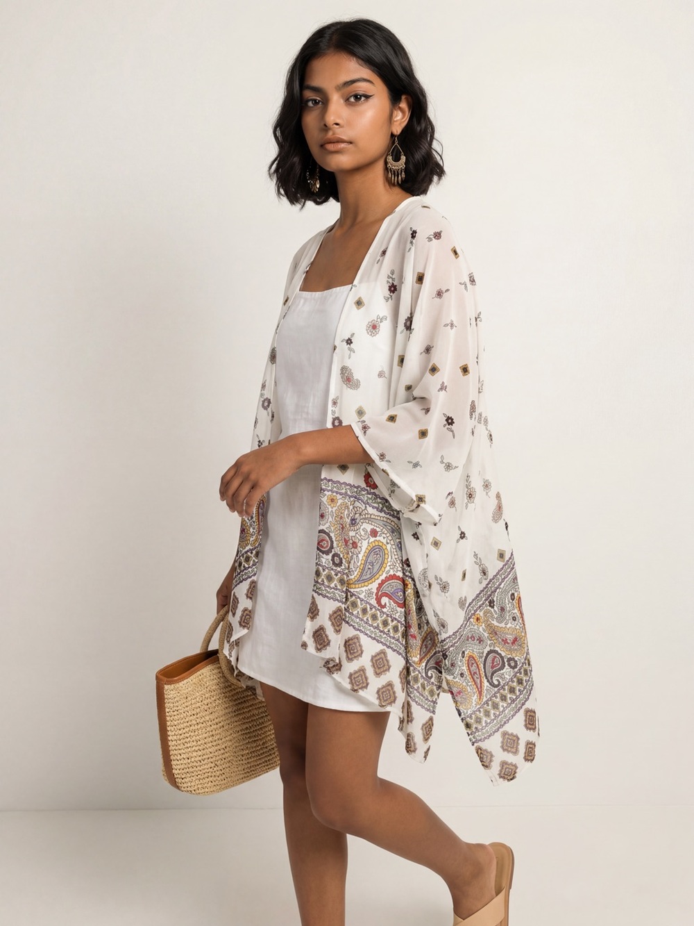 Urban Outfitters Ecote cream Boho Western White Paisley Kimono Resortwear